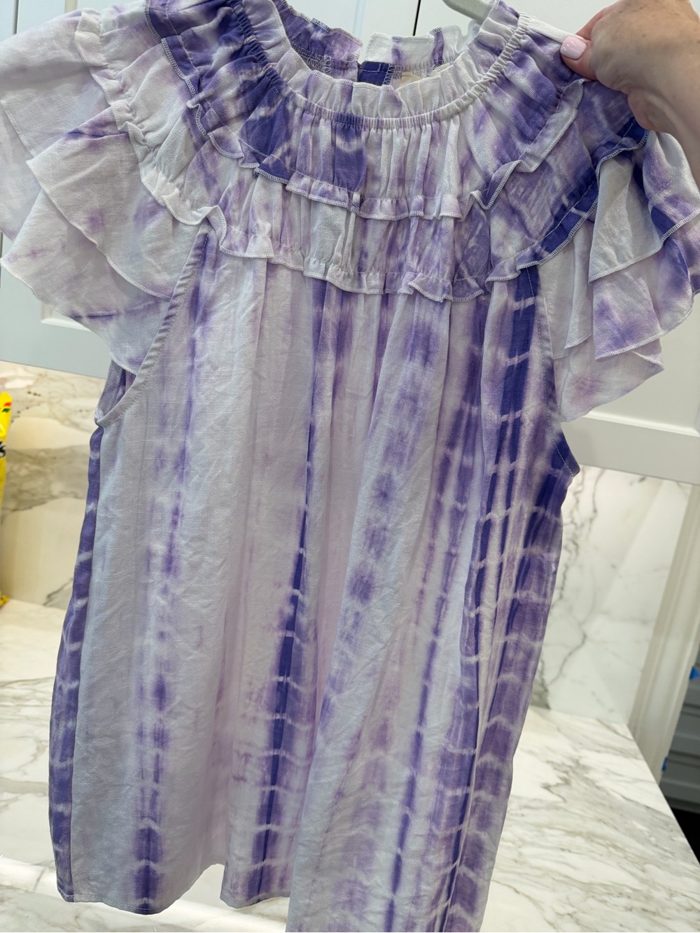 BiBi Lavender and White Tie-Dye Top with Ruffle Trim